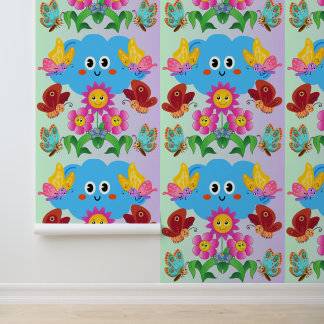 Papel Pintado Nube caprichosa con mariposas y flores felices