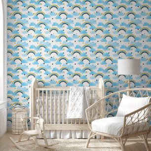 Papel Pintado Nubes Arcoíris Estrellas Acuarela Azul Bebé Guarde