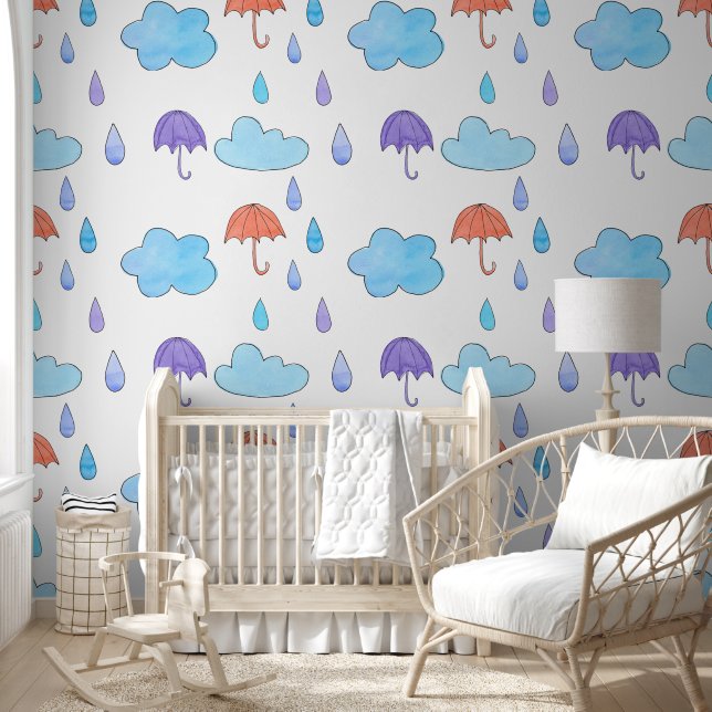 Papel Pintado Nubes azules y paraguas de lluvia (Niños)