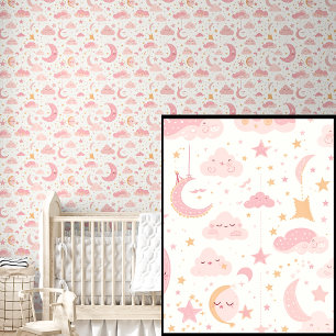 Papel Pintado Nubes de las lunas de las estrellas rosadas