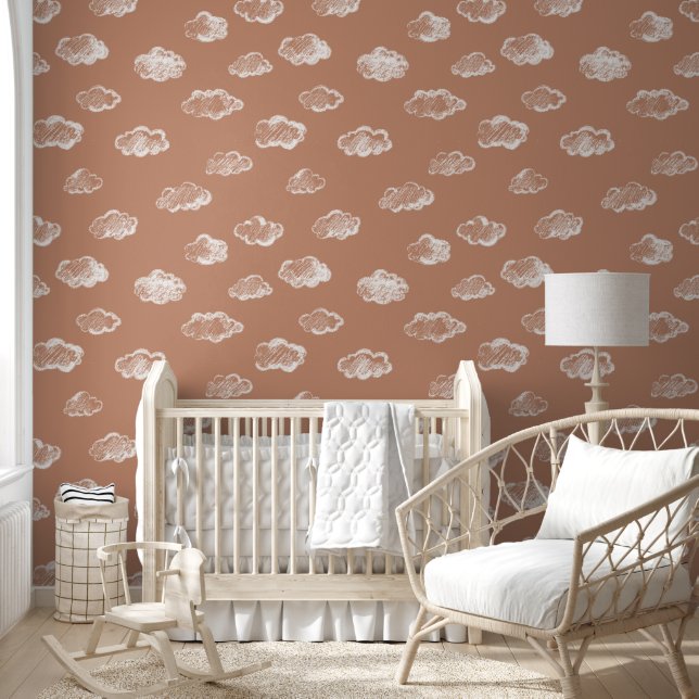 Papel Pintado Nubes de Tiza Blanca Sobre Fondo de Siena (Niños)