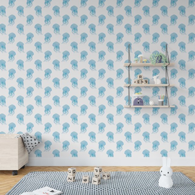 Papel Pintado Nursera Cute Little Blue (Cute Little Blue jellyfish Nursery Wallpaper)