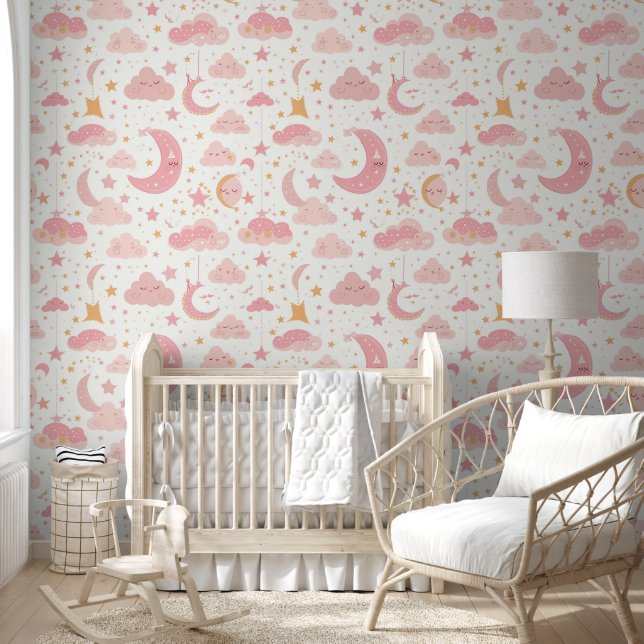 Papel Pintado Nursera del cielo nocturno de Kawaii rosa (Niños)