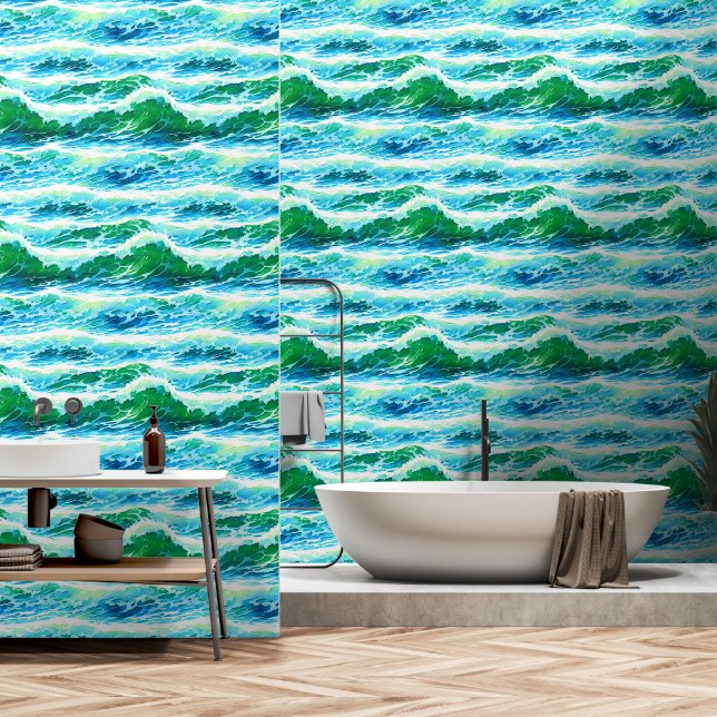 Papel Pintado Océano olas náuticas mar playa de aguas costeras (Baño)