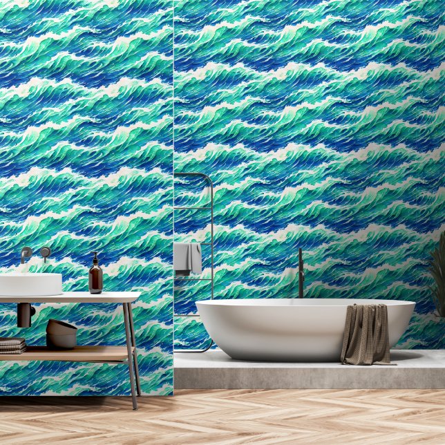 Papel Pintado Olas de moda costera sin fisuras (Baño)