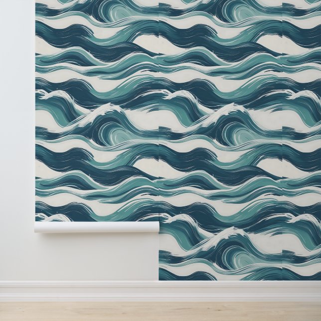 Papel Pintado Olas oceánicas Artista Verde azulado blanco azul e (Solicitud)
