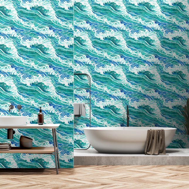 Papel Pintado Olas oceánicas rodando mar patrón costero playa (Baño)