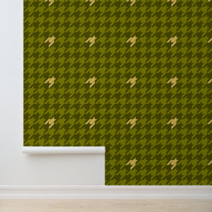 Papel Pintado Oliva con acento de oro en diseño de dientes de pe