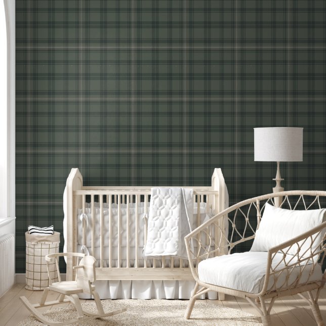 Papel Pintado Olive Green Plaid Moderno Farmhouse Tartán (Niños)