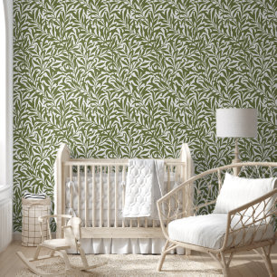 Papel Pintado Olivo Verde y Rama de Sauce Blanco