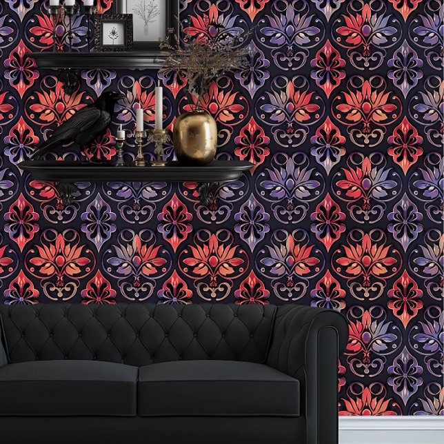 Papel Pintado Ombre rojo y púrpura elegante de Whimsigoth (Whimsigoth Red & Blue Damask wallpaper behind a black couch.)