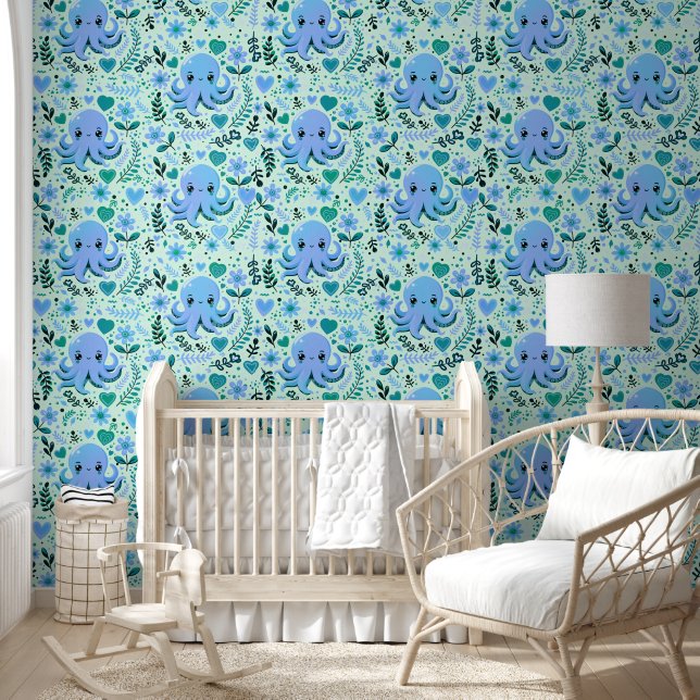 Papel Pintado Opulpo kawaii azul (Niños)