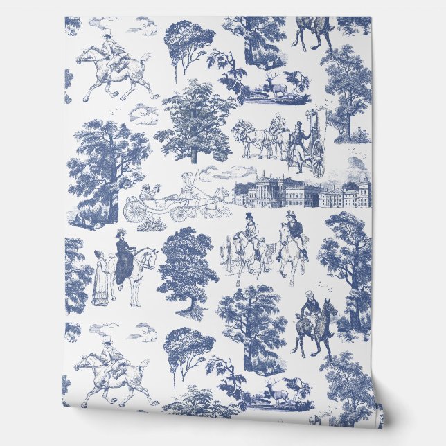 Papel Pintado Orgullo y prejuicio caballos Blue White Toile (Desenrollar)