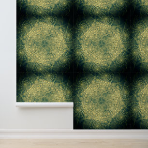 Papel Pintado Ornamentos de arte fractal verde amarillo