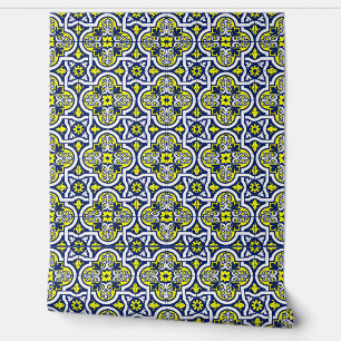 Papel Pintado Ornamentos de mosaico de color azul amarillo blanc