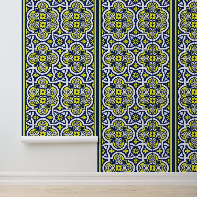 Papel Pintado Ornamentos retro blanco amarillo azul Diseño vinta (Solicitud)