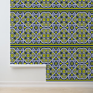 Papel Pintado Ornamentos retro blanco amarillo azul Vintage