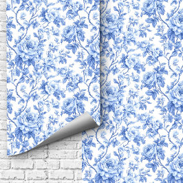 Papel Pintado Ornate Blue French Toile Roses Floral Wallpaper 