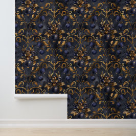 Papel Pintado Oro azul oscuro Berries Royal Damask Hojas doradas