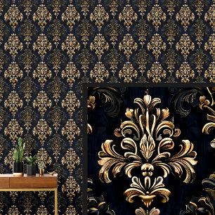 Papel Pintado Oro en Damasco gótico dramático negro
