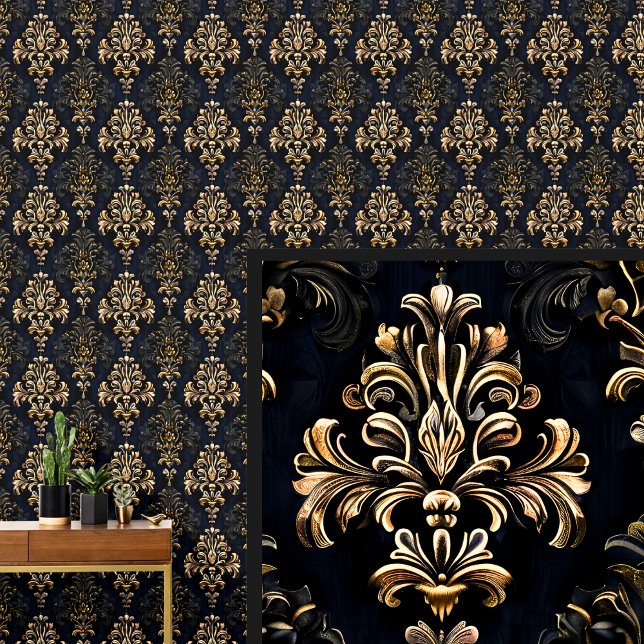 Papel Pintado Oro en Damasco gótico dramático negro (Subido por el creador)