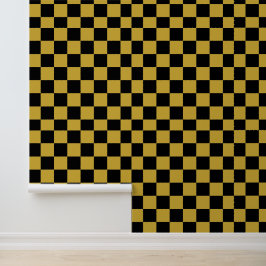 Papel Pintado Oro metálico con patrón de estilo cuadrado negro