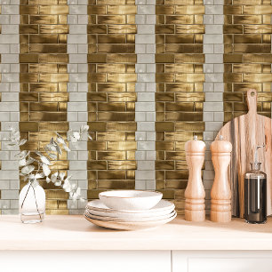 Papel Pintado Oro Metálico y Rayas de Ladrillo Blancas