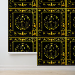 Papel Pintado Oro Negro Gato Egipcio Símbolo Patrón Lujo