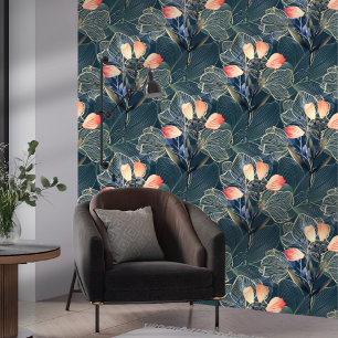 Papel Pintado Oscuro Moderno Elegante Boho Floral Azul