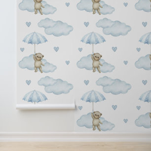 Papel Pintado Oso Azul Umbrella Nubes Corazón Niño Nursera