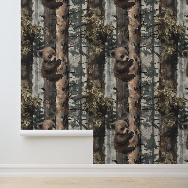 Papel Pintado Oso Bebé Subiendo Árbol Bosque Forestal (Solicitud)