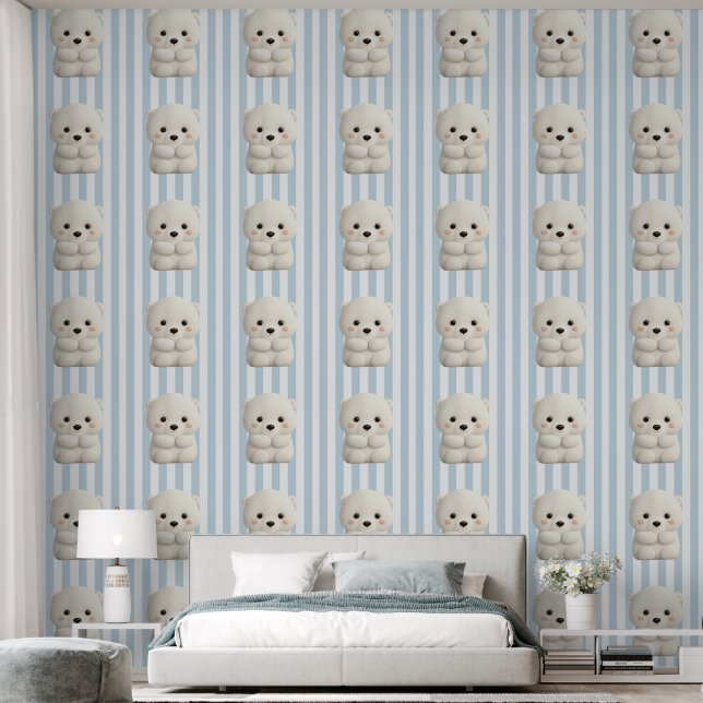 Papel Pintado Oso polar bebé en franjas (Dormitorio)