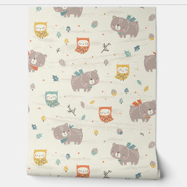 Papel Pintado Oso y búhos de otoño con crema