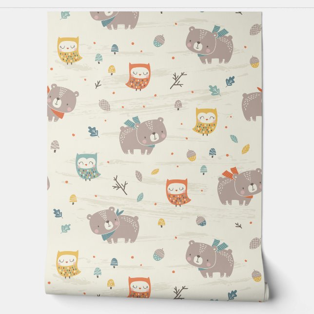 Papel Pintado Oso y búhos de otoño con crema (Desenrollar)