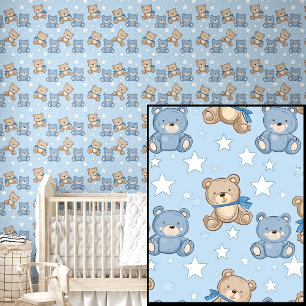 Papel Pintado Osos de peluche y estrellas en azul suave