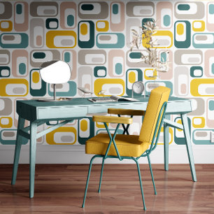 Papel Pintado Óvalos Mod Retro Aqua Azul Azul Rosa Amarillo