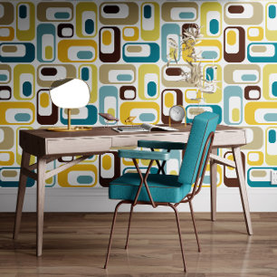 Papel Pintado Óvalos Mod Retro Azul Teal Marrón Mostaza Amarillo