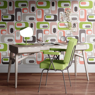 Papel Pintado Ovalos Mod Retro Salmón Rubor Rosa Taupe Verde