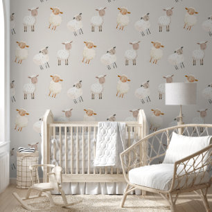 Papel Pintado Oveja Cuta Acuarela Boho Nursery Neutral
