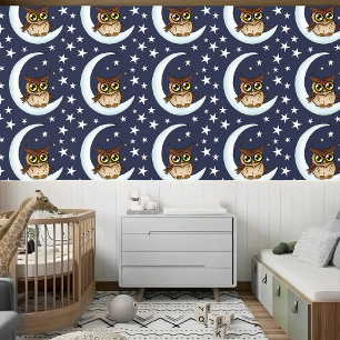 Papel Pintado Owl Moon Blue Cute Stars