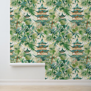 Papel Pintado Pagoda asiática acuarela en paisaje verde (15)
