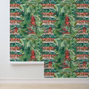 Papel Pintado Pagoda asiática acuarela en paisaje verde (22)