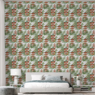 Papel Pintado Pagoda asiática acuarela en paisaje verde (5)