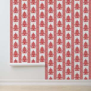 Papel Pintado Pagoda Greek Key Stripe – Chinoiserie Rojo