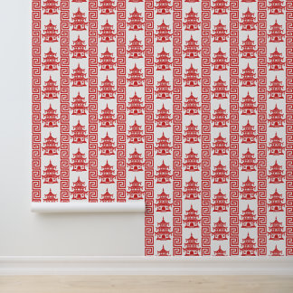 Papel Pintado Pagoda Greek Key Stripe – Chinoiserie Rojo