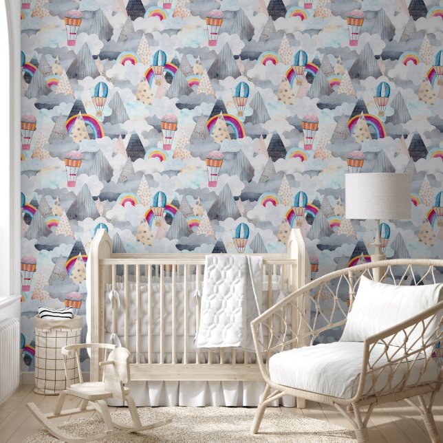 Papel Pintado Paisaje de montaña cúrcuta Nursera de globo aerost (Niños)