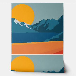 Papel Pintado Paisaje Rojo y Azul de Montaña - Adentro Retro al 