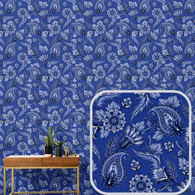 Papel Pintado Paisley floral azul real de la Marina Oscura elega (Subido por el creador)