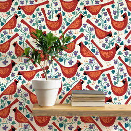 Papel Pintado Pájaro Cardinal Estampa en Bloque Flor Violeta Azu