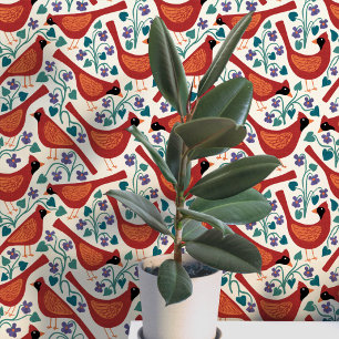 Papel Pintado Pájaro Cardinal Estampa en Bloque Flor Violeta Azu
